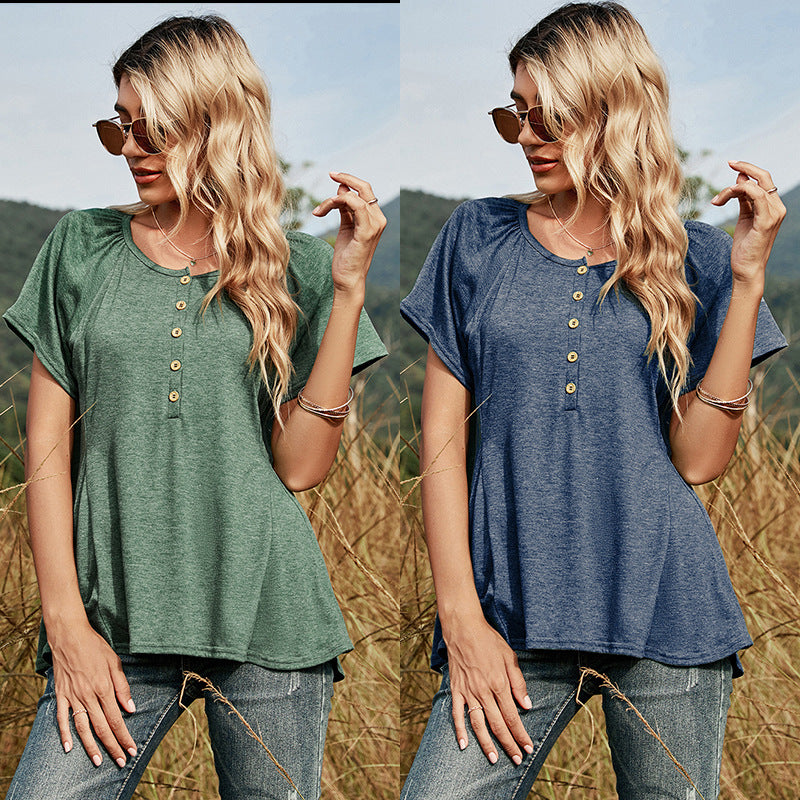 Women's Solid Color round Neck Single-Breasted Stitching Casual Loose All-Match Short-Sleeved T-shirt