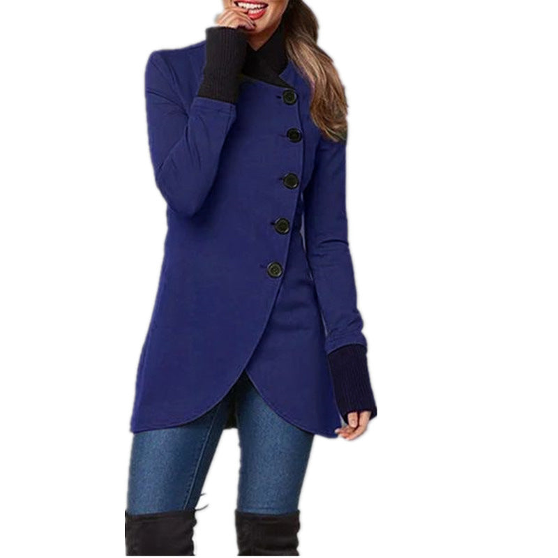 Autumn and Winter Solid Color Single-Breasted Stitching Slit Hemline at Hem Long-Sleeved Coat