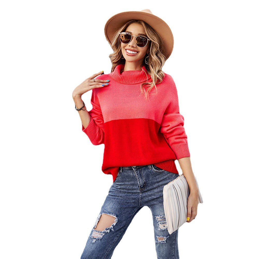 Fashion Color Contrast Turtleneck Sweater for Women Oversized Pullover Women