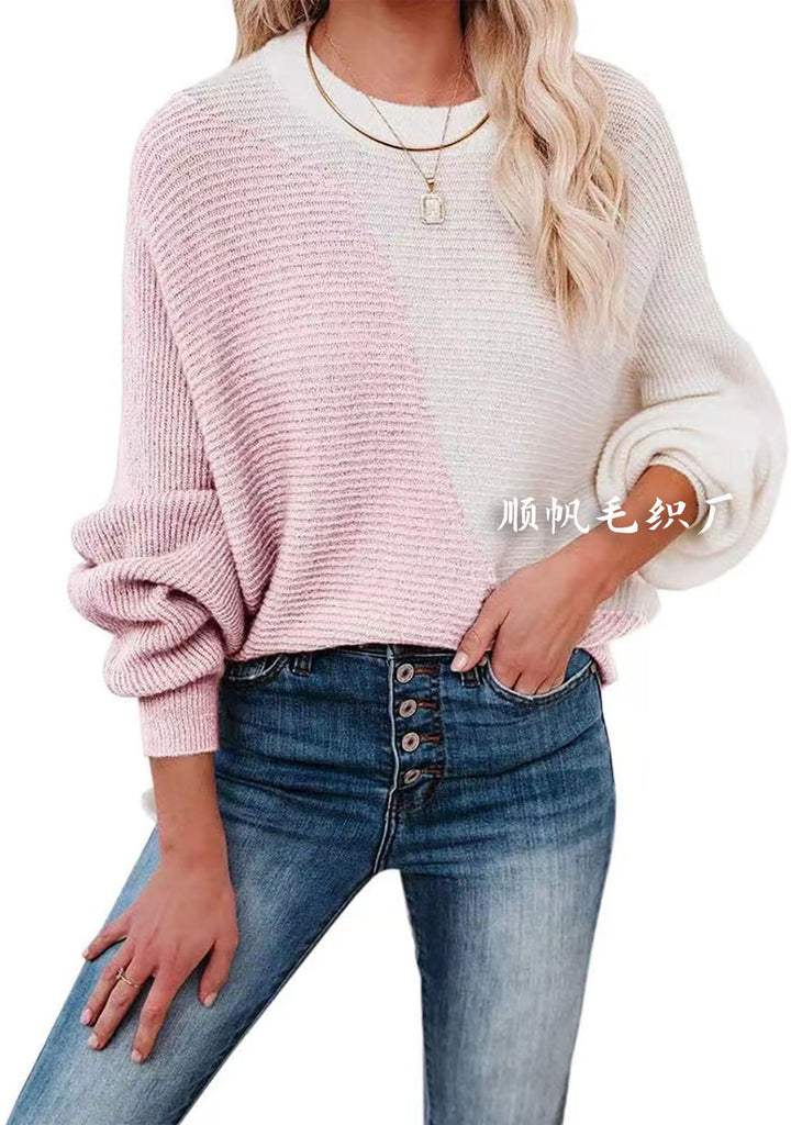 Batwing Sleeve Color-Block Crew Neck Knitwear Pullover Long Sleeve Sweater Women