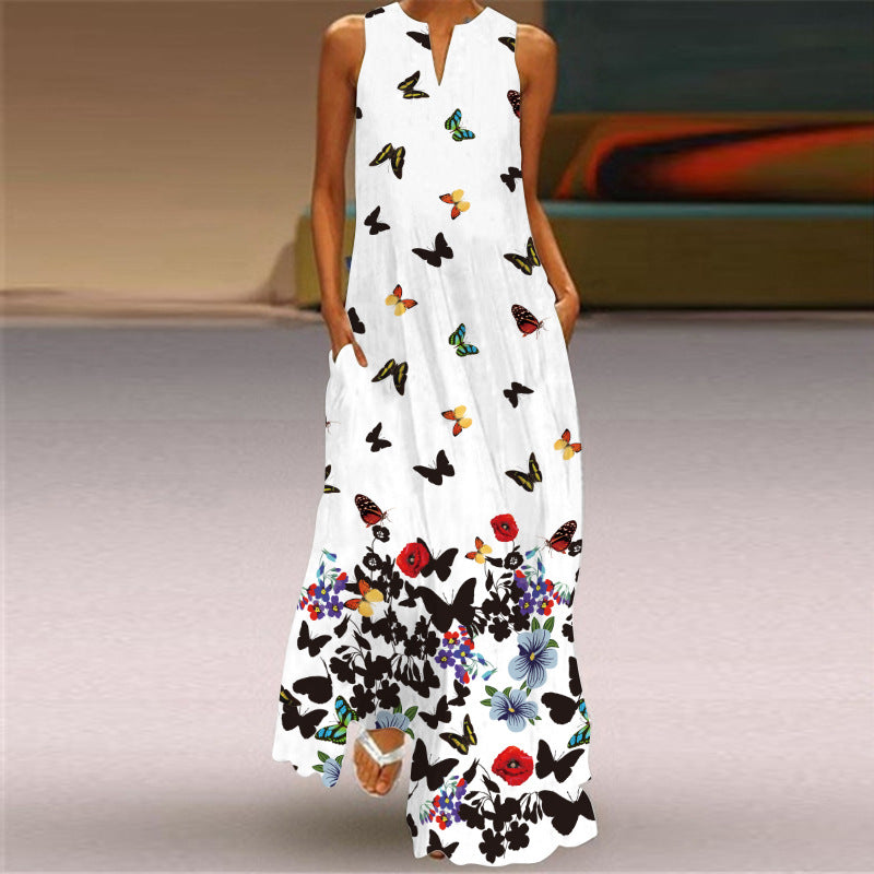 Sexy Digital Printed V-neck Sleeveless Dress Pocket European and American Style Dress