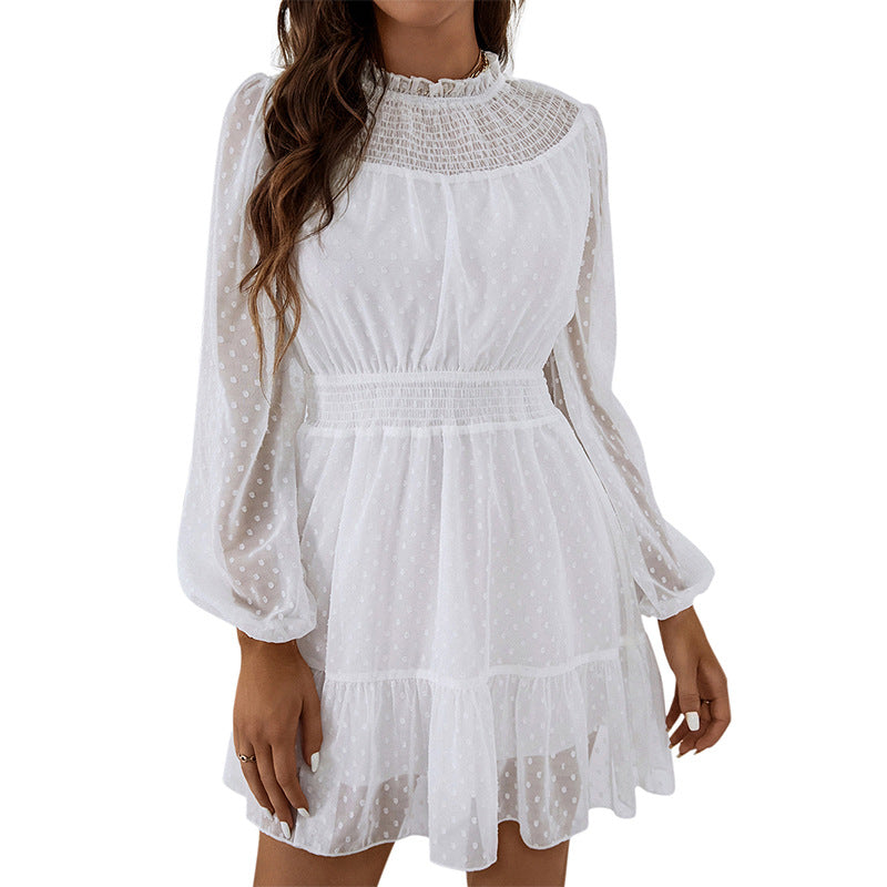 Women's round-Neck High Waist Long-Sleeved Dress with White Lace Trim