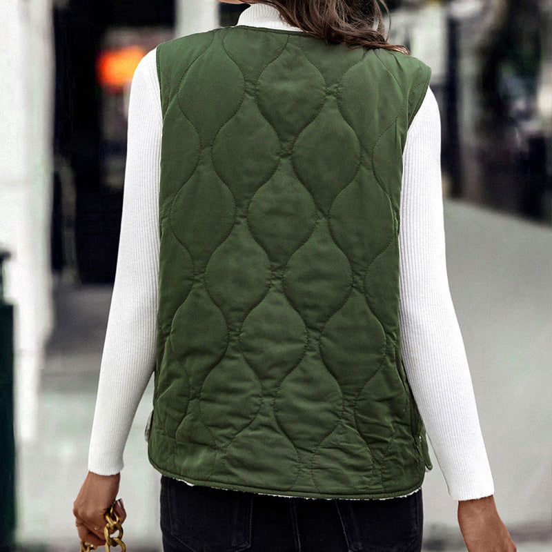 Zipper V-neck Army Green Vest Cotton-Padded Waistcoat Coat European and American Women's Clothing