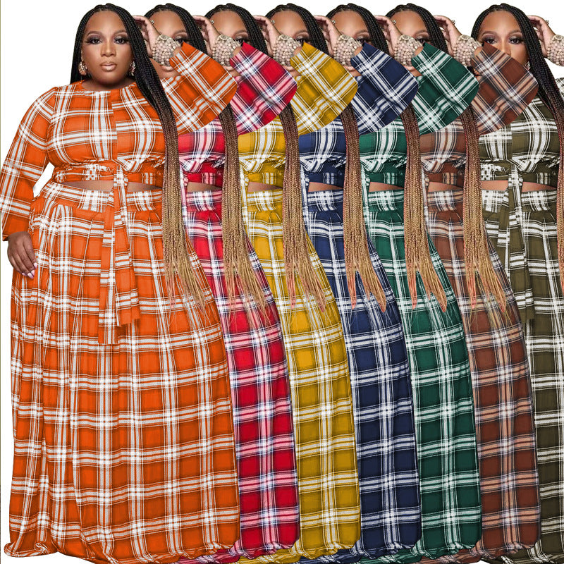 Autumn New Plaid Printed Two-Piece Loose Casual plus Size Women's Clothing Suit