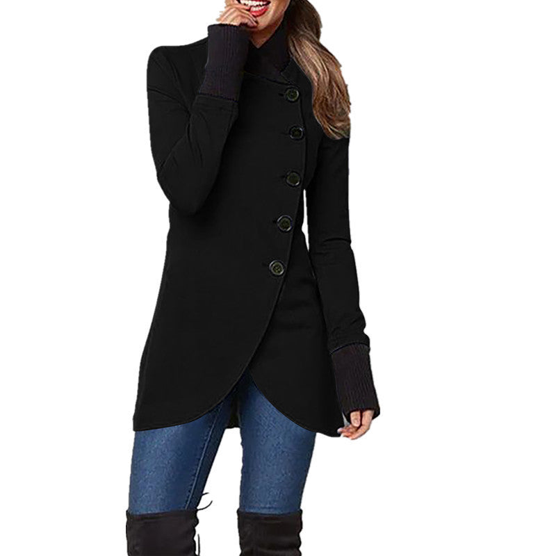 Autumn and Winter Solid Color Single-Breasted Stitching Slit Hemline at Hem Long-Sleeved Coat