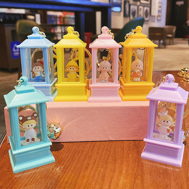 Creative Quicksand Bottle Flashing Light Keychain Pendant Cute Cartoon Small Tower Pavilion Night Light Student Schoolbag Pendant Small Gift