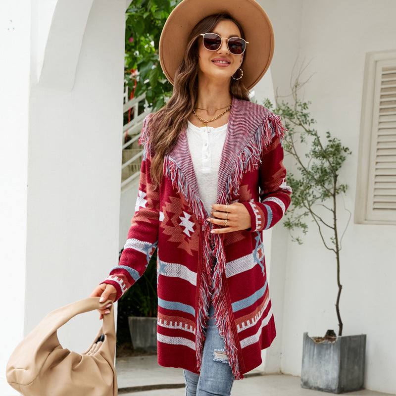 Autumn and Winter European and American Sweater Tassel Hooded Knit Cardigan Geometric Jacquard Long Sweater Coat