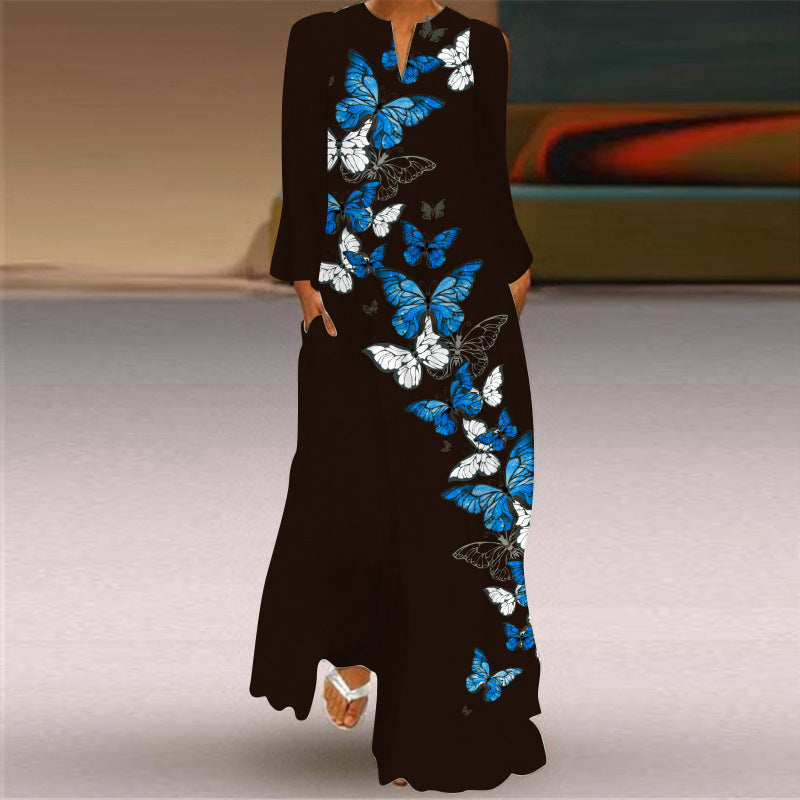 Women's Vintage Butterfly Print Long Dress V-neck Long Sleeve Pocket Summer Dress