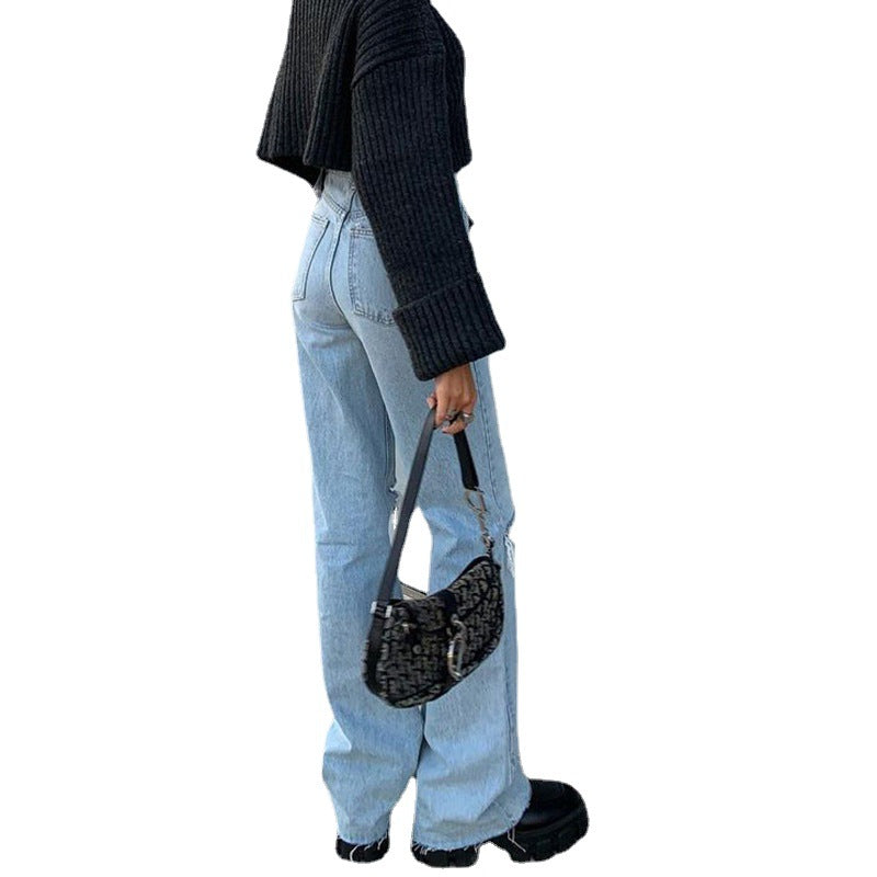 Denim Wide Leg Trousers Ripped Skinny Jeans