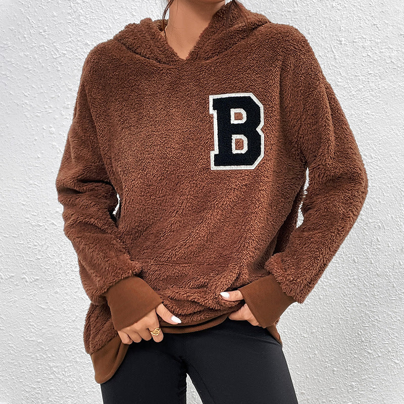 European and American Long Sleeve Hooded Solid Color Women's Letter Fleece Pullover