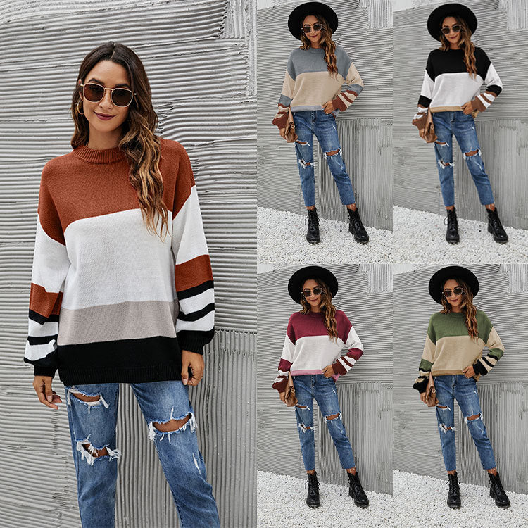 Women's Knitted Sweater Stylish Loose plus Size European and American round Neck Striped Pullover Sweater