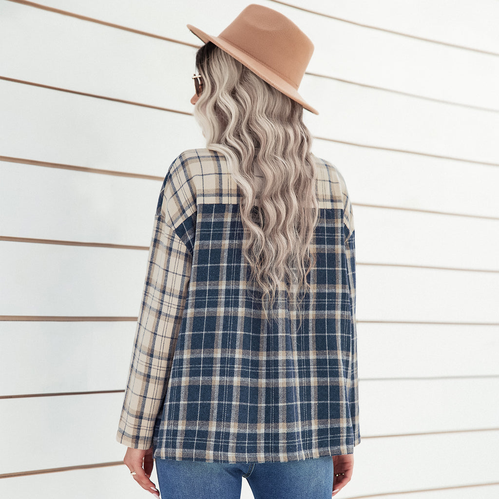 2022 Early Autumn New Polo Collar Plaid Top Women's Long Sleeve Cardigan Loose Shirt