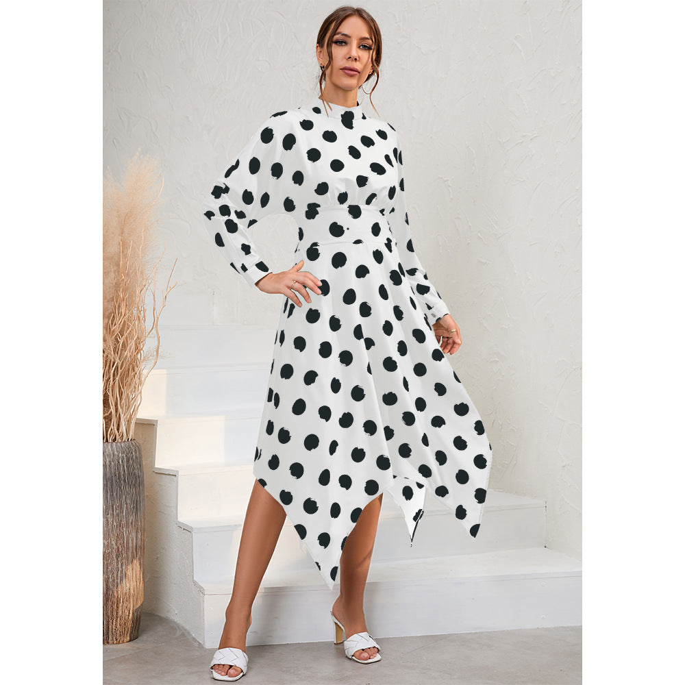 Irregular Long Sleeve Polka Dot Dress Women's New European and American Popular