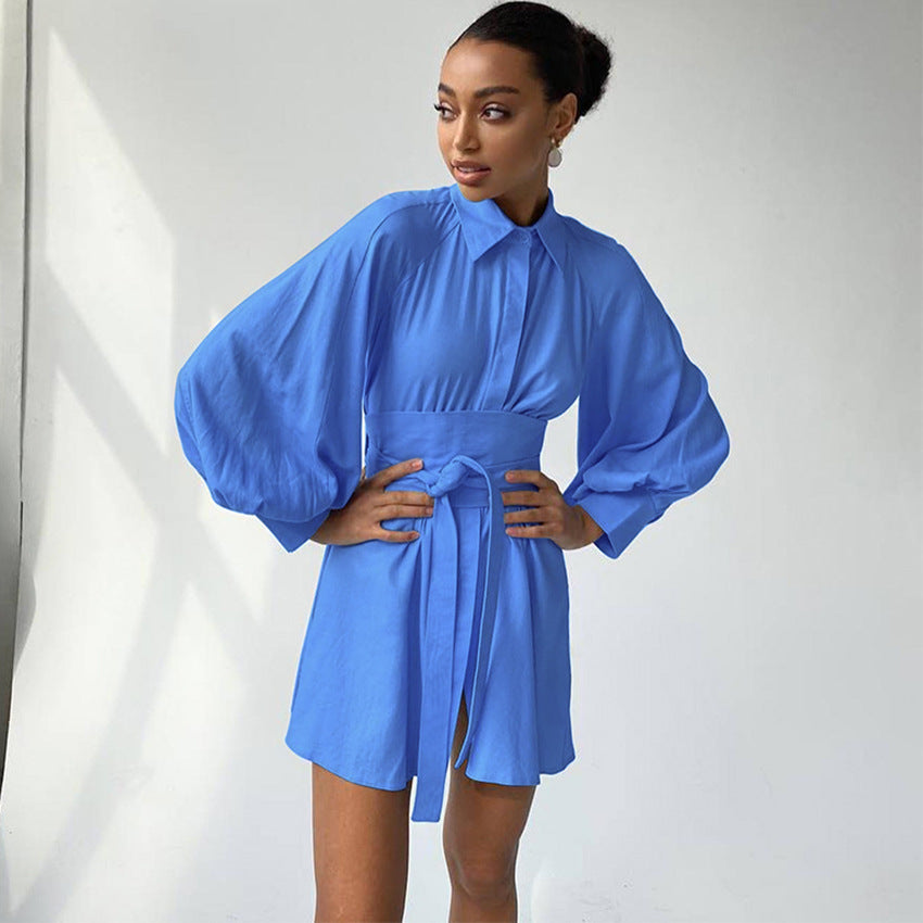 European and American Long Sleeve Short Dress Temperament Commute Shirt Dress Pure Cotton Niche Dress