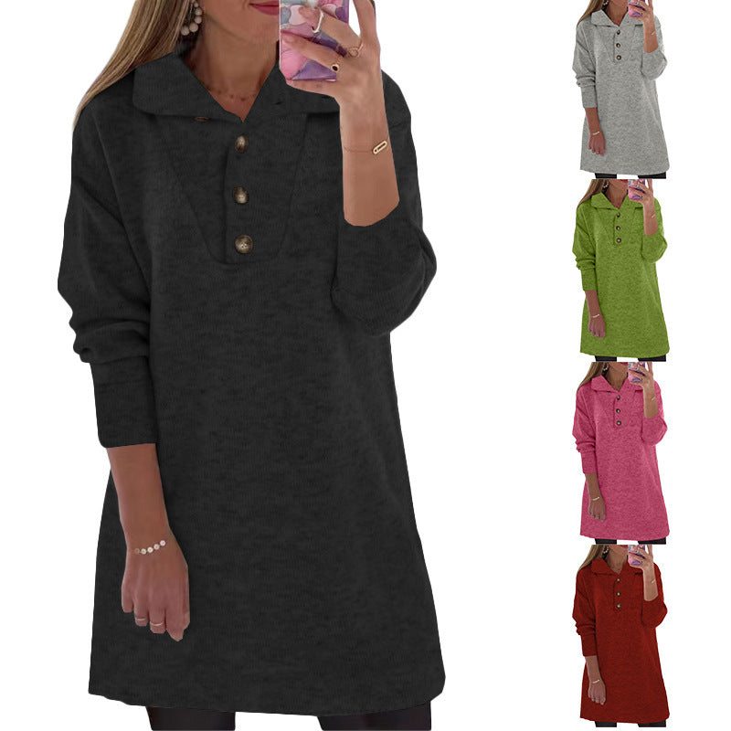 Women's Solid Color Polo Collar Button Long Sleeve Casual Dress for Women