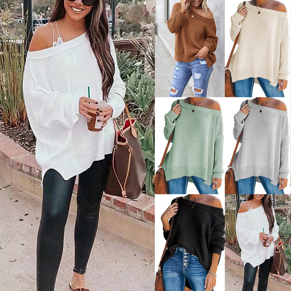 Fashion Pullover Sweater round Neck Loose off-the-Shoulder Large Size Solid Color Sweater