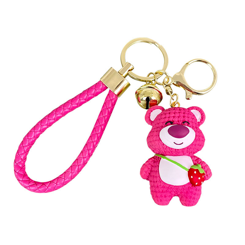 Cartoon Cute Resin Strawberry Bear Girl Heart Creative Car Key Ring Schoolbag Pendant Pair of Small Gifts