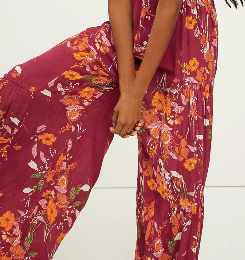 Floral Digital Printing Women's Rope Belt Casual Wide-Leg Pants Beach Vacation Bell-Bottom Pants