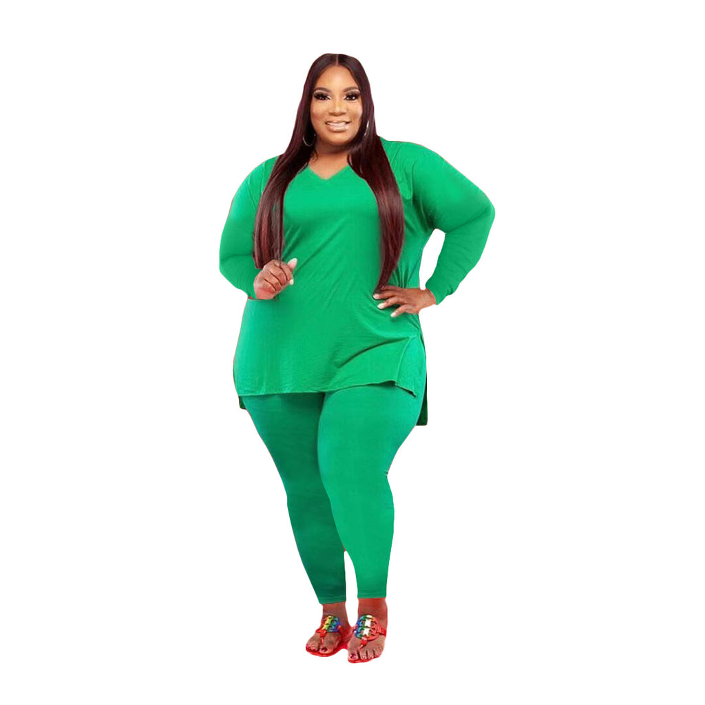 Large Size Women's Clothing Fashion Casual Solid Color Two-Piece Set Women