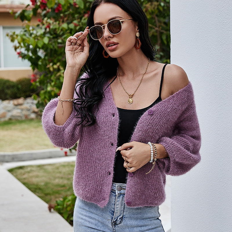 European and American V-neck Short Knitted Sweater Purple Sweater Loose 3/4 Sleeve Knitted Cardigan