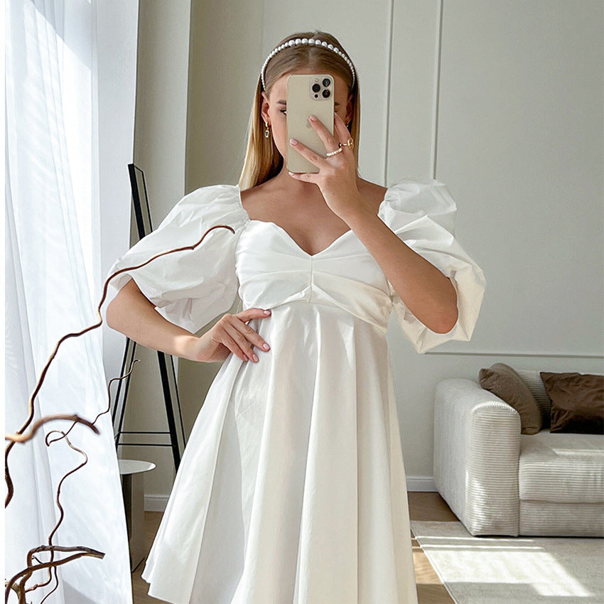 European and American Solid Color Girl's Dress Two-Way Wear Cold-Shoulder Elegant High Waist Puff Sleeve Slim White Dress Dress