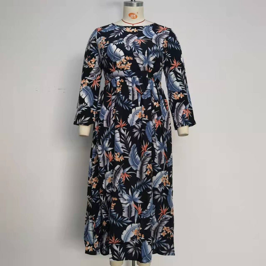 Women's Long Sleeve Big Hem Printed Chiffon Long Dress