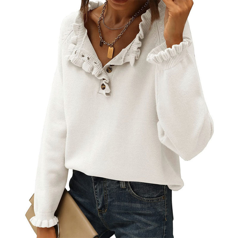 Women's Knitted New Casual Long-Sleeved Button Ruffled Pullover Sweater for Women