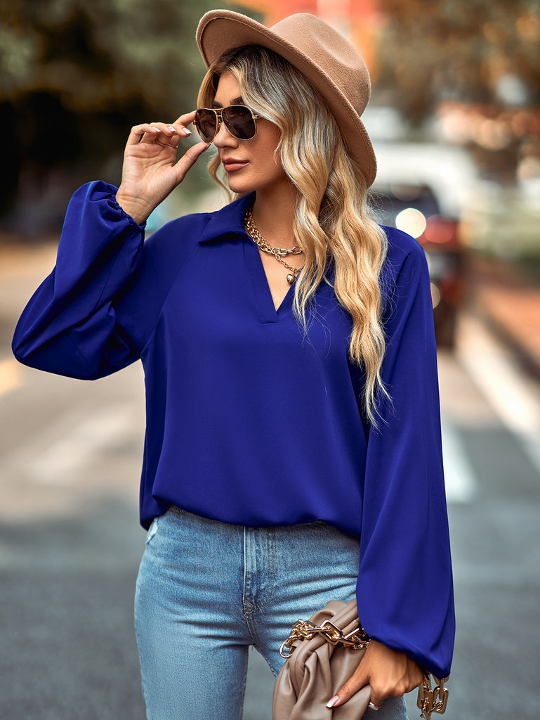 2022 New Shirt Women's European and American Solid Color and V-neck Shirt Design Sense Niche High-End Shirt Fashion