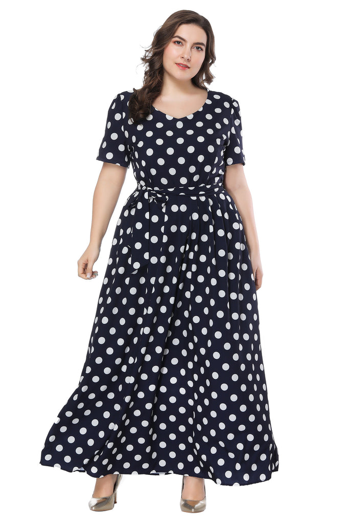 European And American Plus Size Women 'S Clothes Short Sleeve Polka Dot Swing Dress