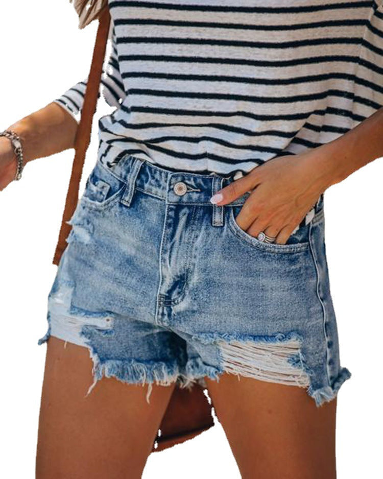 Denim Casual Shorts Ripped Burrs Slimming All-Match Women's Fashion