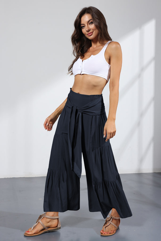 Women's Summer Rope Pleated Loose Wide-Leg Pants Casual All-Match Cropped Pants