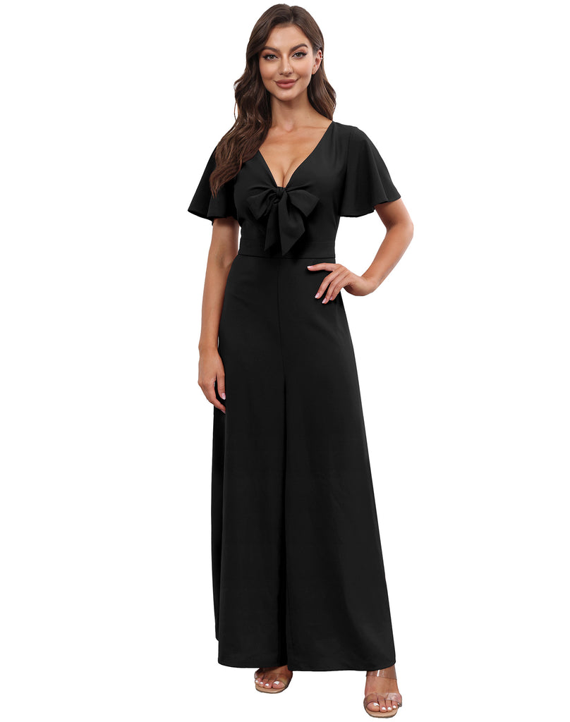 Bow V-neck Lotus Leaf Sleeves Loose Temperament Elegant Jumpsuit Chiffon Wide Leg Pants