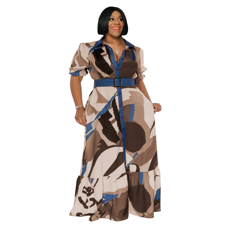 Color Printed Loose plus Size Women's Clothing Dress with Belt