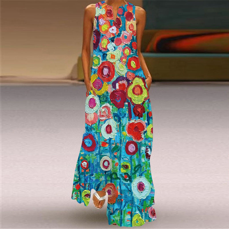 European and American Retro Printed Long Dress V-neck Multicolor Long Sexy Sleeveless Dress