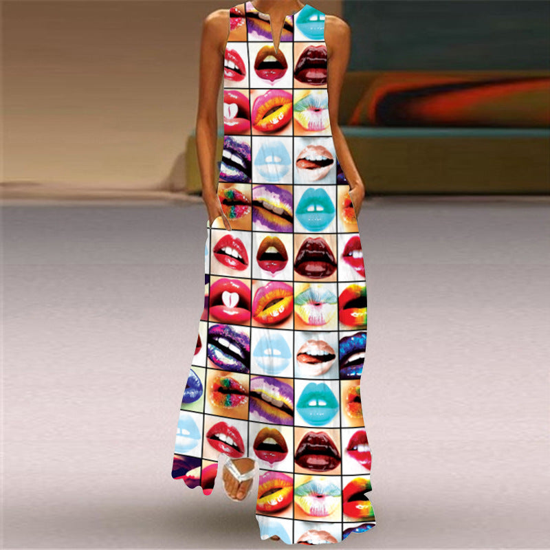 European and American Retro Printed Long Dress V-neck Multicolor Long Sexy Sleeveless Dress