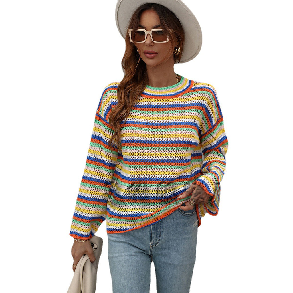 European and American Stitching Knitwear Women's Loose Cross-Color Foreign Trade round Neck Striped Sweater Women