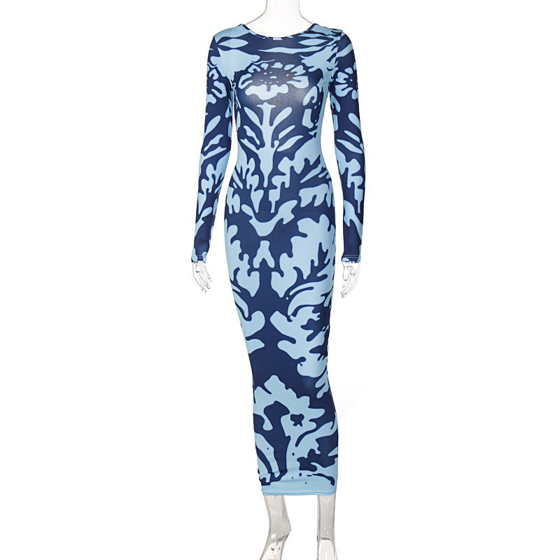 Autumn New Women's Printed Slim Fit Backless Long Sleeve Long Skirt High Waist Sheath Dress