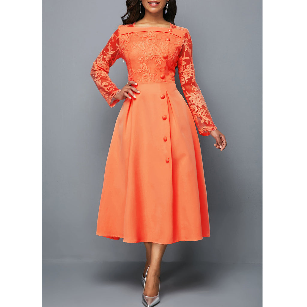 Women's round Neck Lace Dress High Waist Long Sleeves Printed Midi Dress