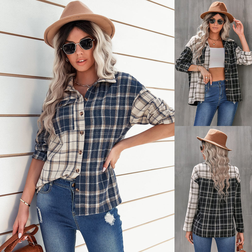 2022 Early Autumn New Polo Collar Plaid Top Women's Long Sleeve Cardigan Loose Shirt