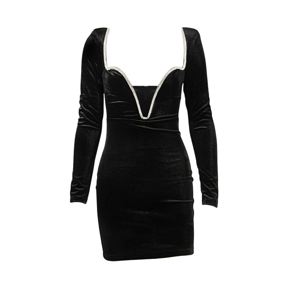 Autumn and winter long-sleeved high-waist temperament deep V bag hip black gold velvet backless skirt sexy European and American dress