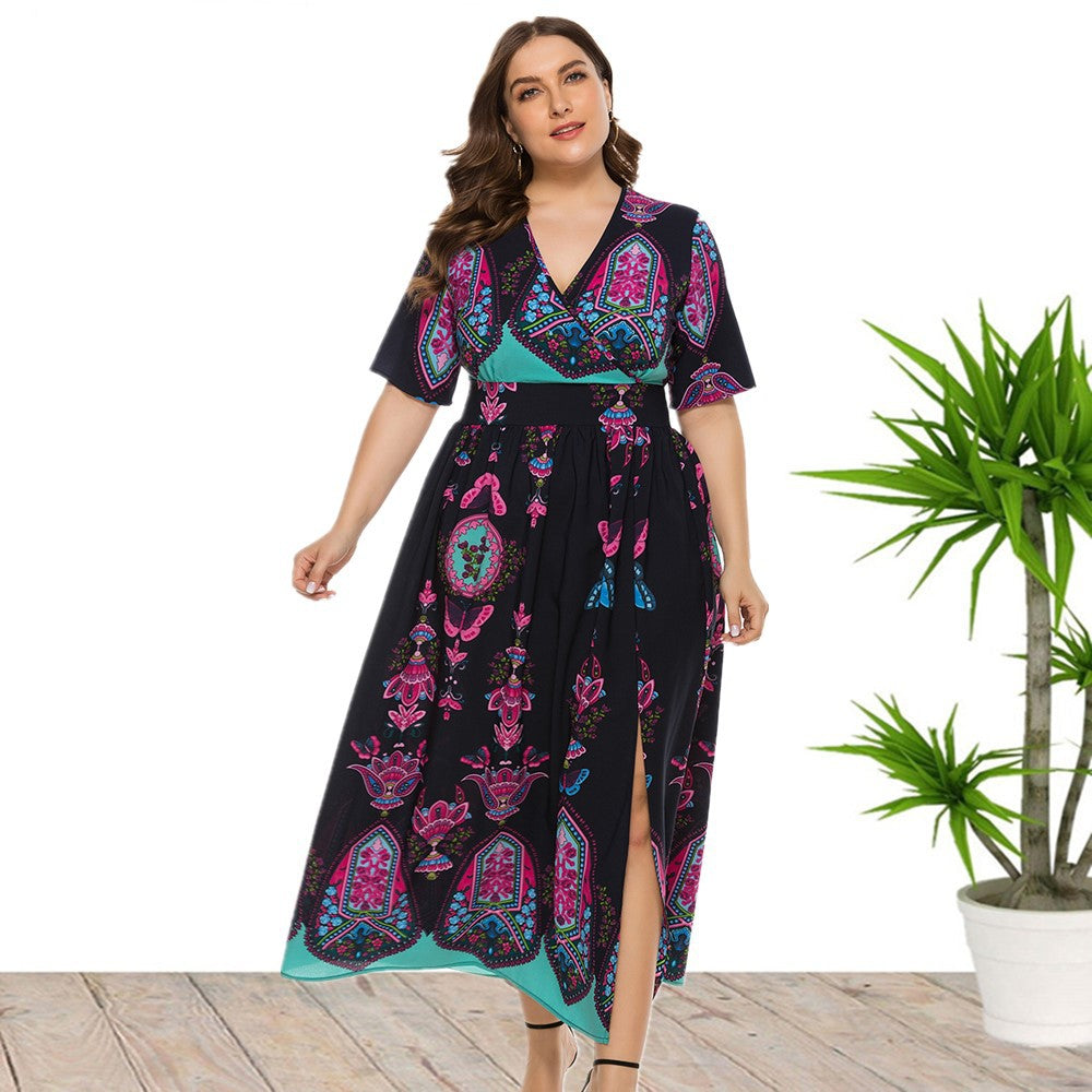 European and American plus Size Women's Clothes Dress Bohemia Printed Dress