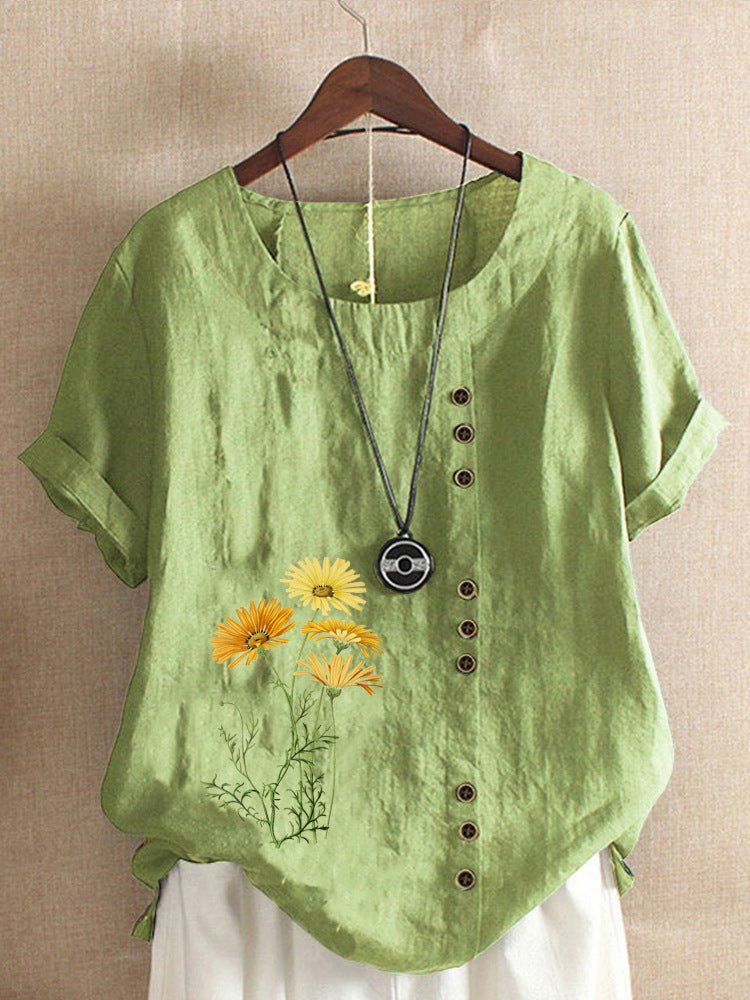 Cotton and Linen New Hot Flower Series Printed Loose round Neck T-shirt for Women