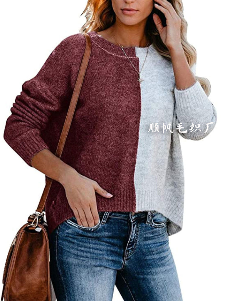 Women's Long-Sleeved Floral Block Sweater Casual Loose round Neck Pullover