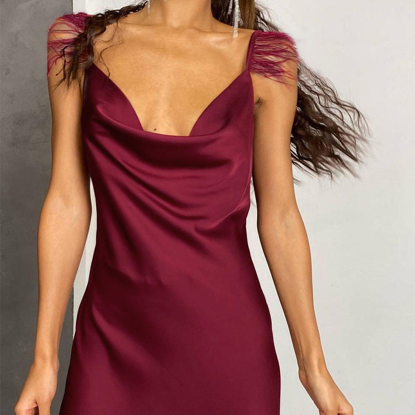 Suspender Dress Feather Plush New Year Red Dress Fashion French Style Design Dress