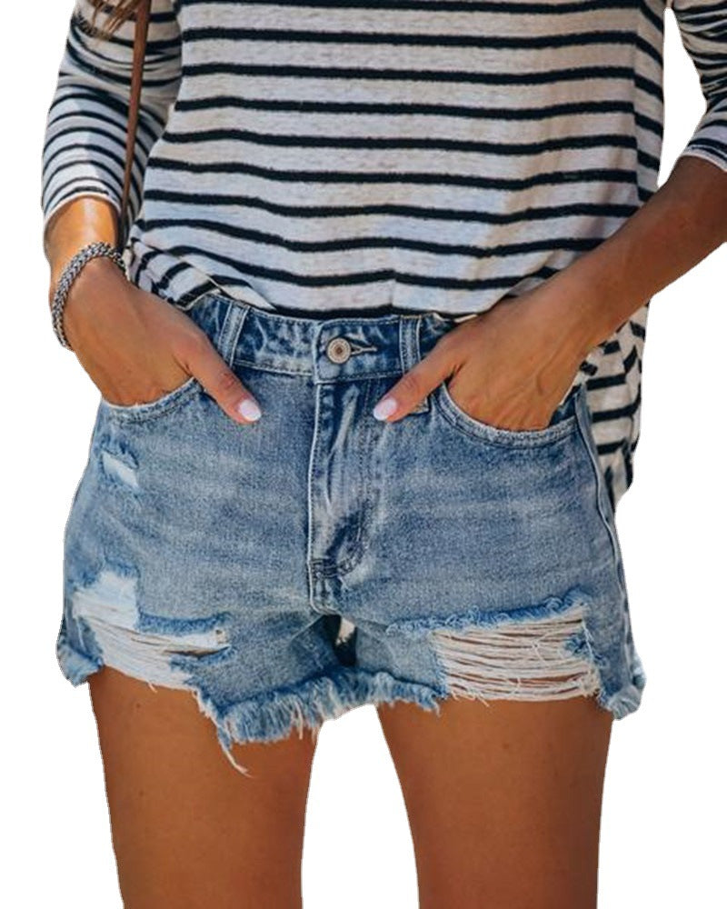 Denim Casual Shorts Ripped Burrs Slimming All-Match Women's Fashion