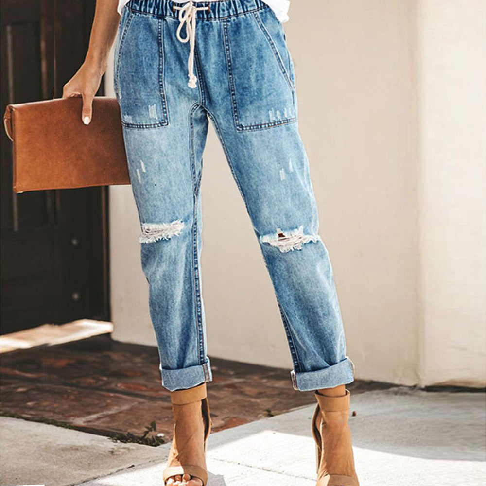 Drawstring Elastic Waist Ripped Denim Pants Casual Pants for Women