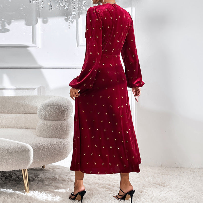 Women's V-neck Long Sleeve Long Waist Velvet Dress Red