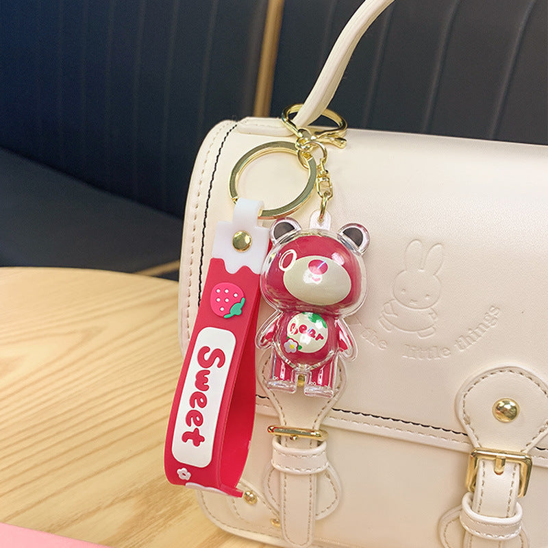 Creative Cartoon Acrylic Strawberry Bear Keychain Cute Fashion Couple Car Key Chain Bag Ornaments