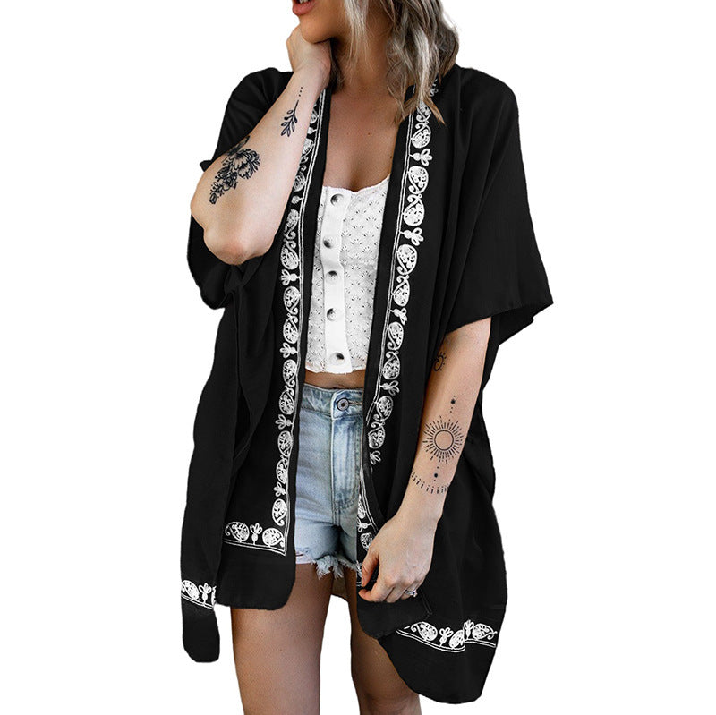 Blouse Chiffon Summer Pattern Loose Beach Sun Protection Half Sleeve