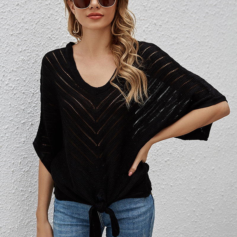 Women's V-neck Short-Sleeved Batwing Shirt Top Lace-up Thin Hollow Sweater